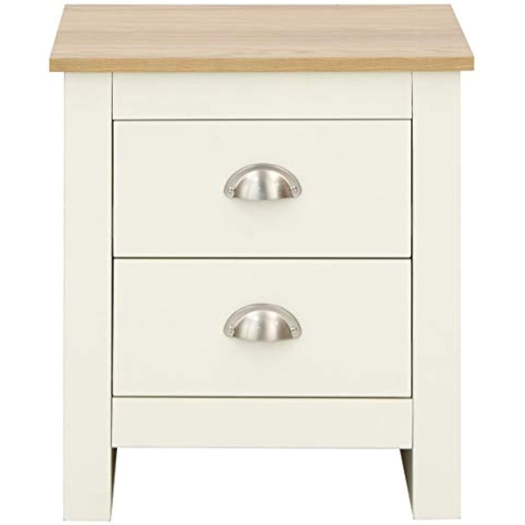 Lancaster Bedside Cabinet – Cream with Oak Top 2-Drawer Storage