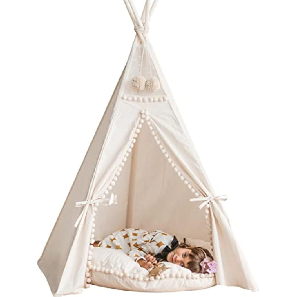 Kids Teepee Tent | Handmade Canvas Playhouse with Pom-Poms