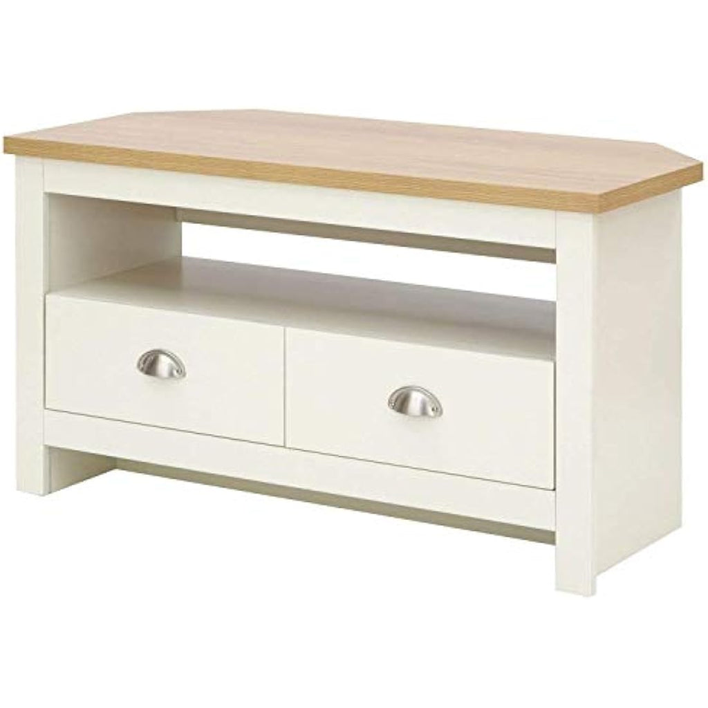 GFW Lancaster Corner TV Unit – Cream Wood Cabinet with 2 Drawers