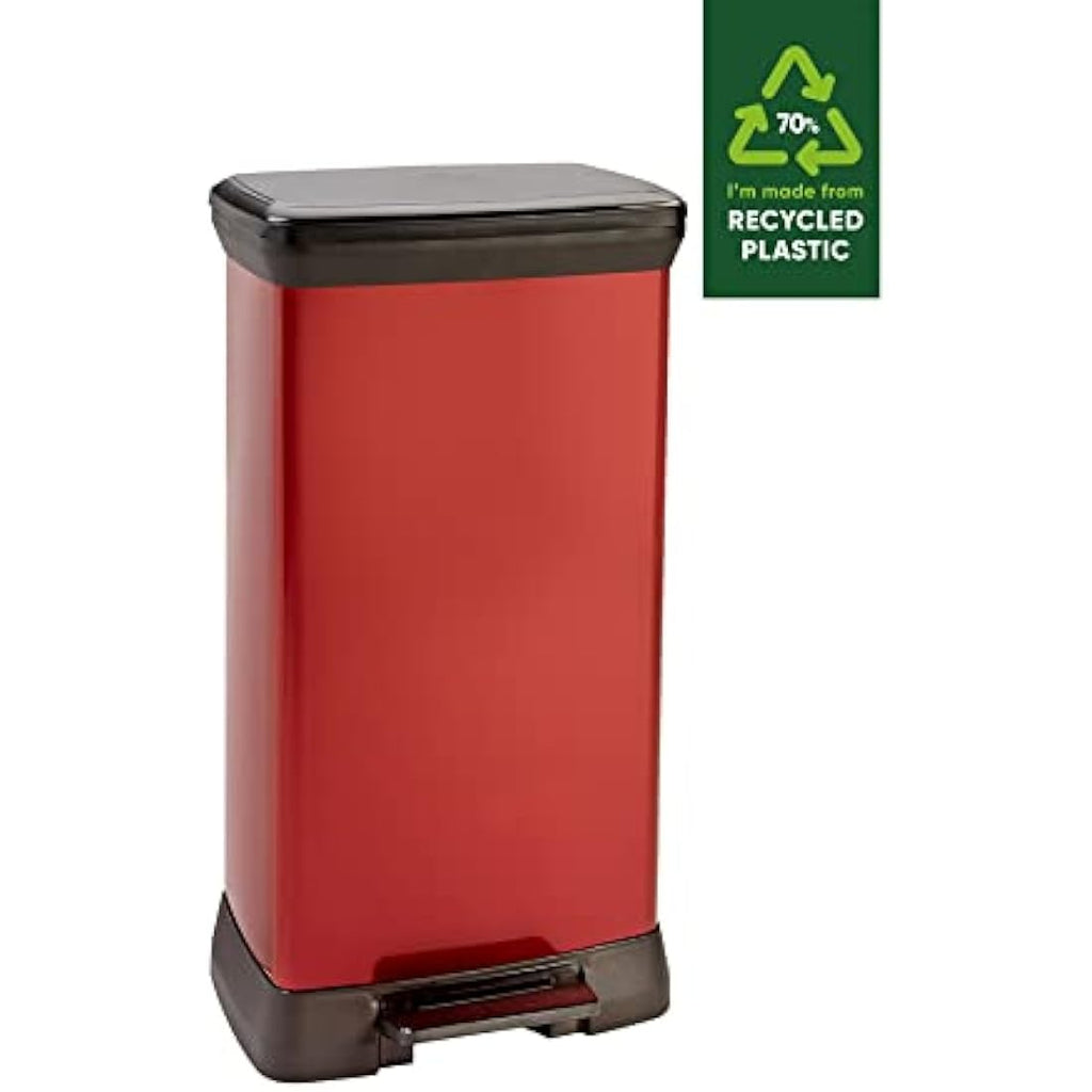 Curver 50L Kitchen Pedal Bin – Recycled Metal Effect Soft Close - Red