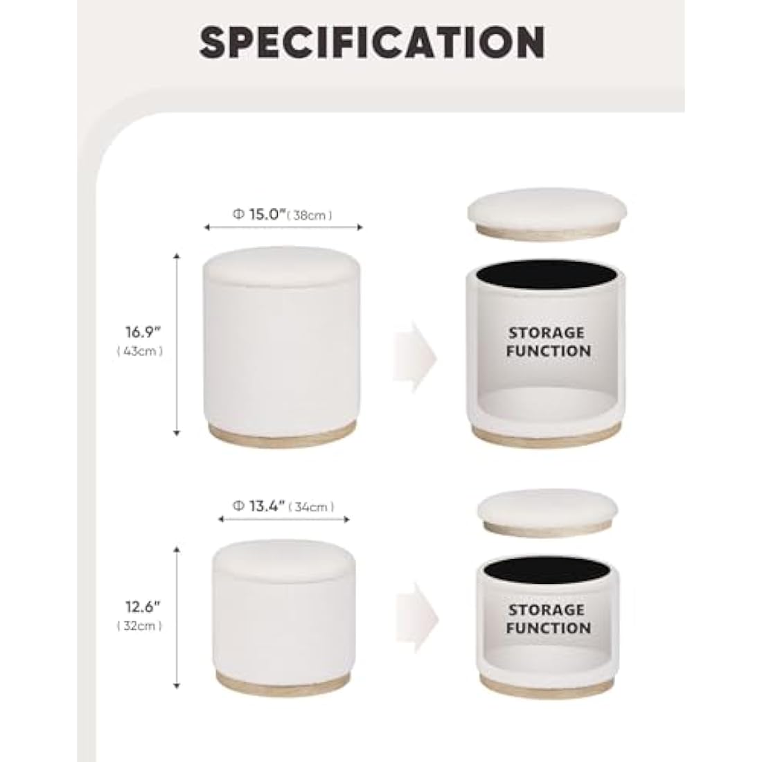 Bonlife Round White Boucle Storage Ottoman Set of 2 – Vanity Stool