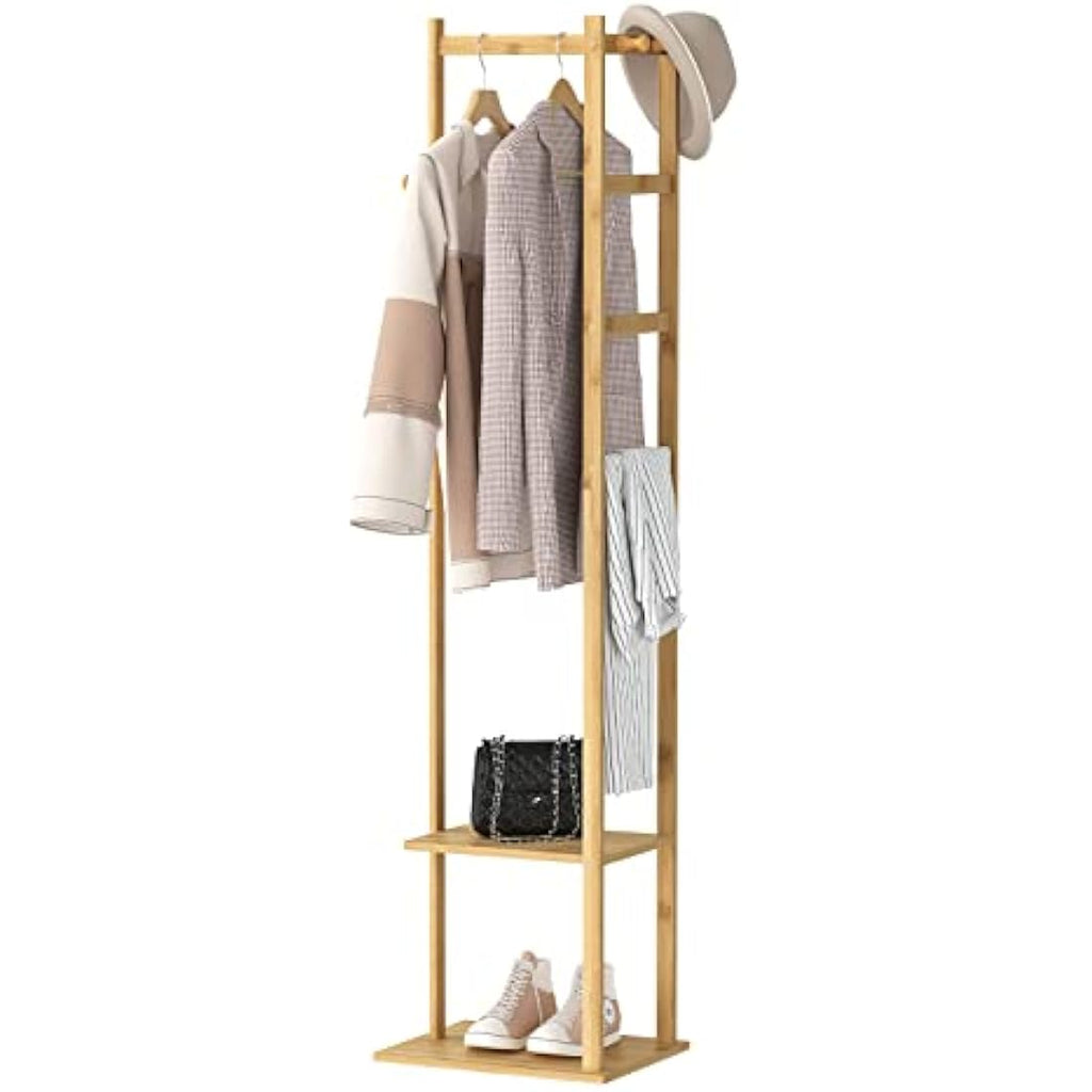unho Bamboo Corner Coat Rack – Free Standing Hall Tree with 2 Shelves