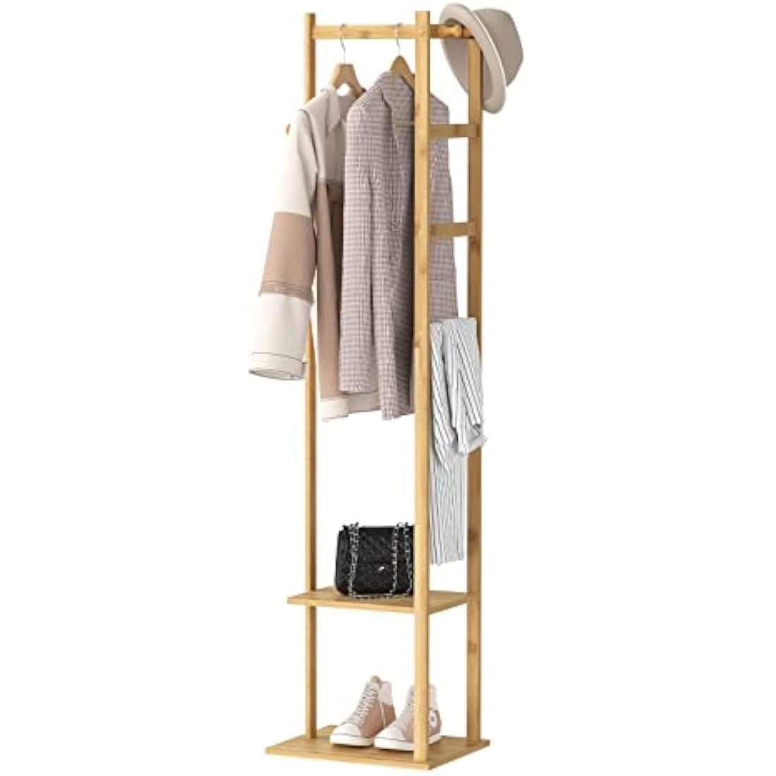 unho Bamboo Corner Coat Rack – Free Standing Hall Tree with 2 Shelves