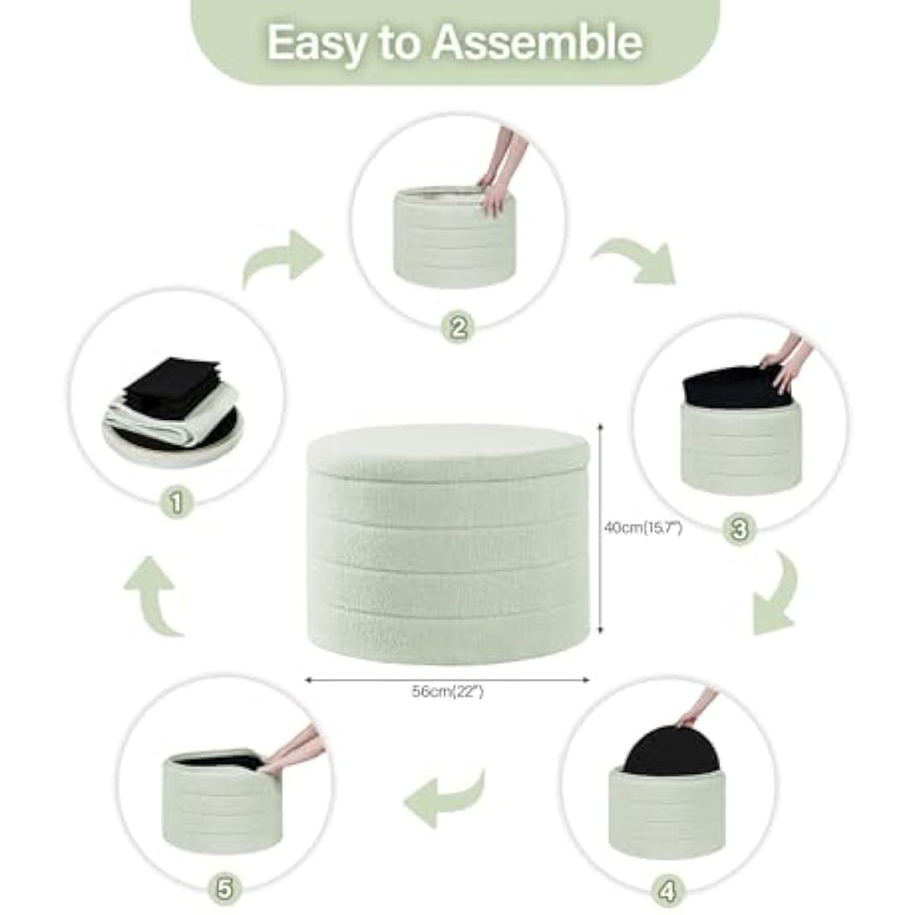 Round Boucle Storage Ottoman – Folding Teddy Footstool, Green