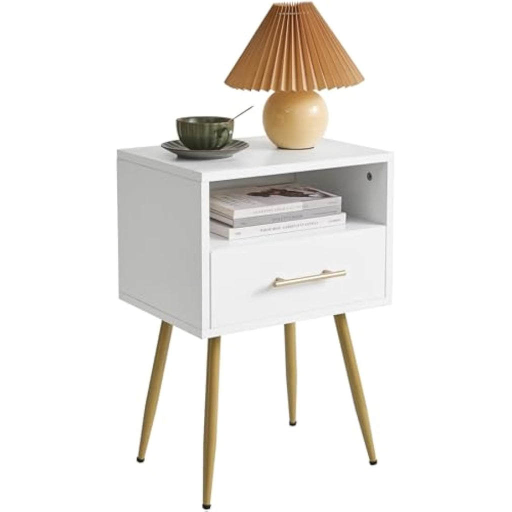 IBUYKE Mid-Century Modern Nightstand | 2-Tier White Bedside Table