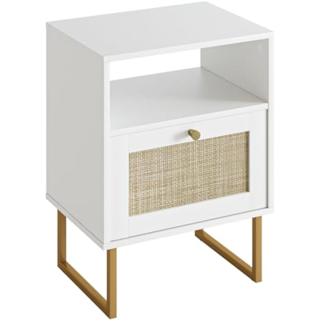 HEYZOEY Rattan Bedside Table – White & Gold Boho Nightstand with Drawer