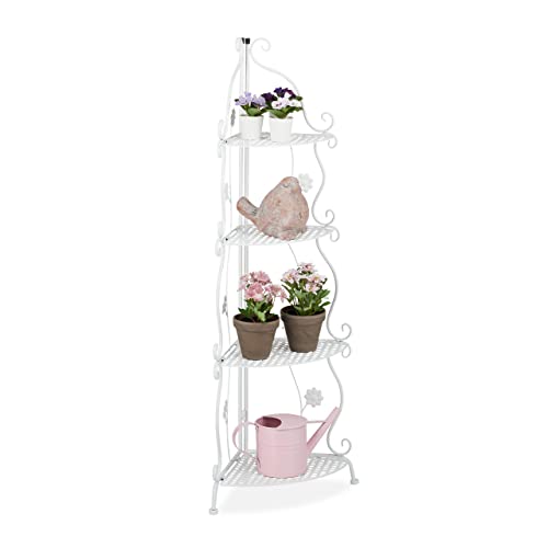 Relaxdays Metal Plant Stand – 4-Tier Foldable Corner Flower Rack, White