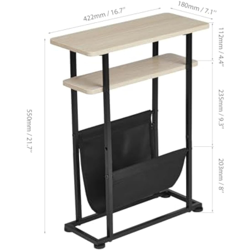 ZEXVIDA Narrow Side Table with Magazine Holder – Slim Oak End Table