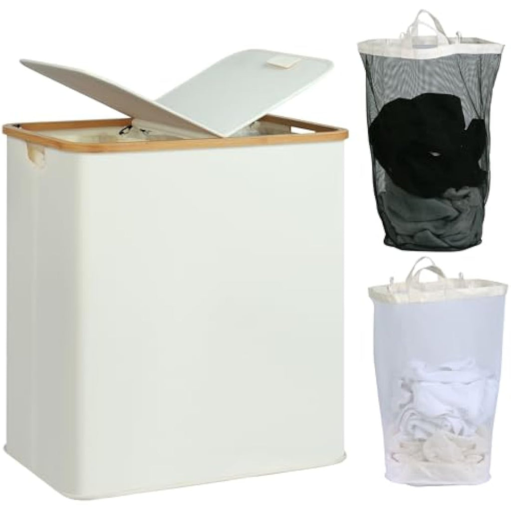 efluky 140L Double Laundry Basket with Lid - Bamboo & Linen Hamper, Beige