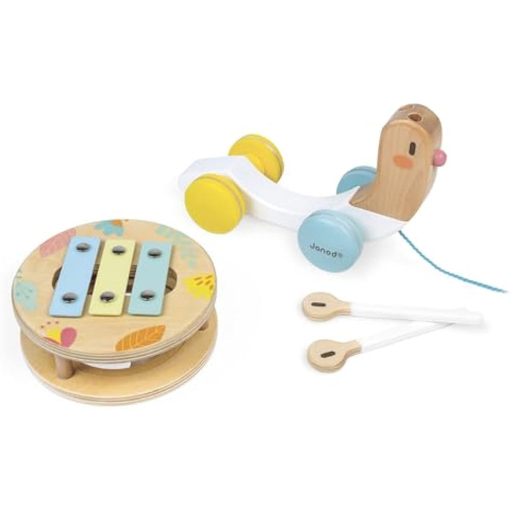 Janod Pure Wooden Pull-Along Snail | Musical Xylophone & Tambourine Toy