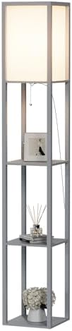 PULUOMIS Modern Wooden Floor Lamp with 3-Tier Shelves - Grey, 160cm