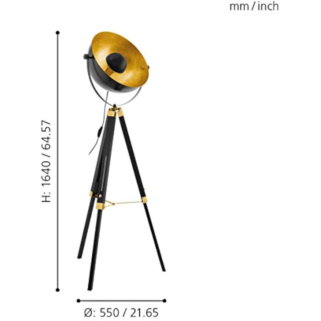 Eglo Covaleda Industrial Tripod Floor Lamp | Black & Gold Wood Steel