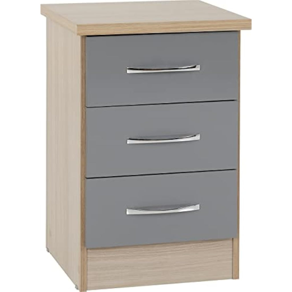 Seconique Nevada 3 Drawer Bedside Table – Grey Gloss & Light Oak