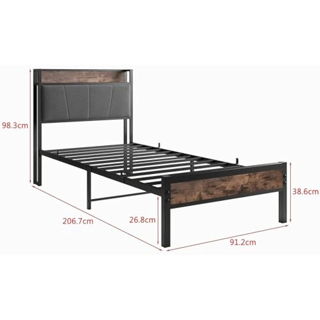 BORPHOM 3ft Single Metal Bed Frame with Storage Headboard & Upholstery
