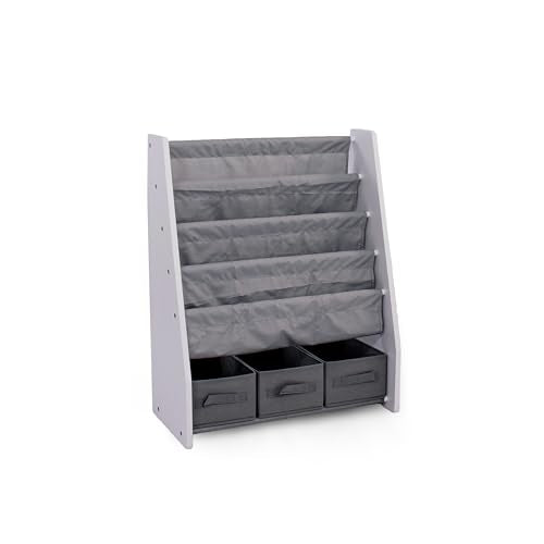 Humble Crew Wooden Kids Bookshelf | 4-Tier Storage with 3 Bins - Grey