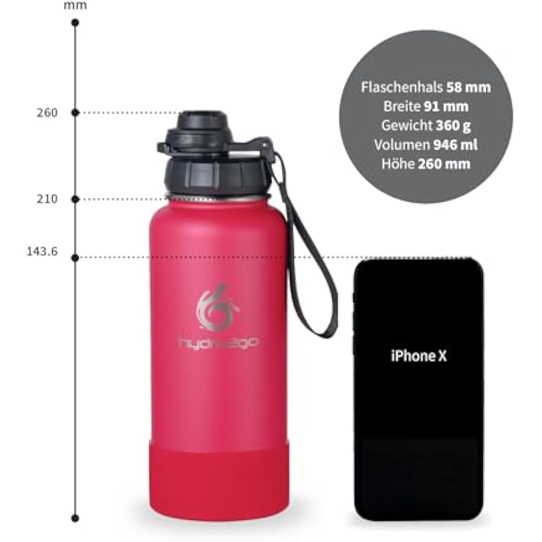 hydro2go Insulated Stainless Steel Water Bottle – Magenta, 950 ml