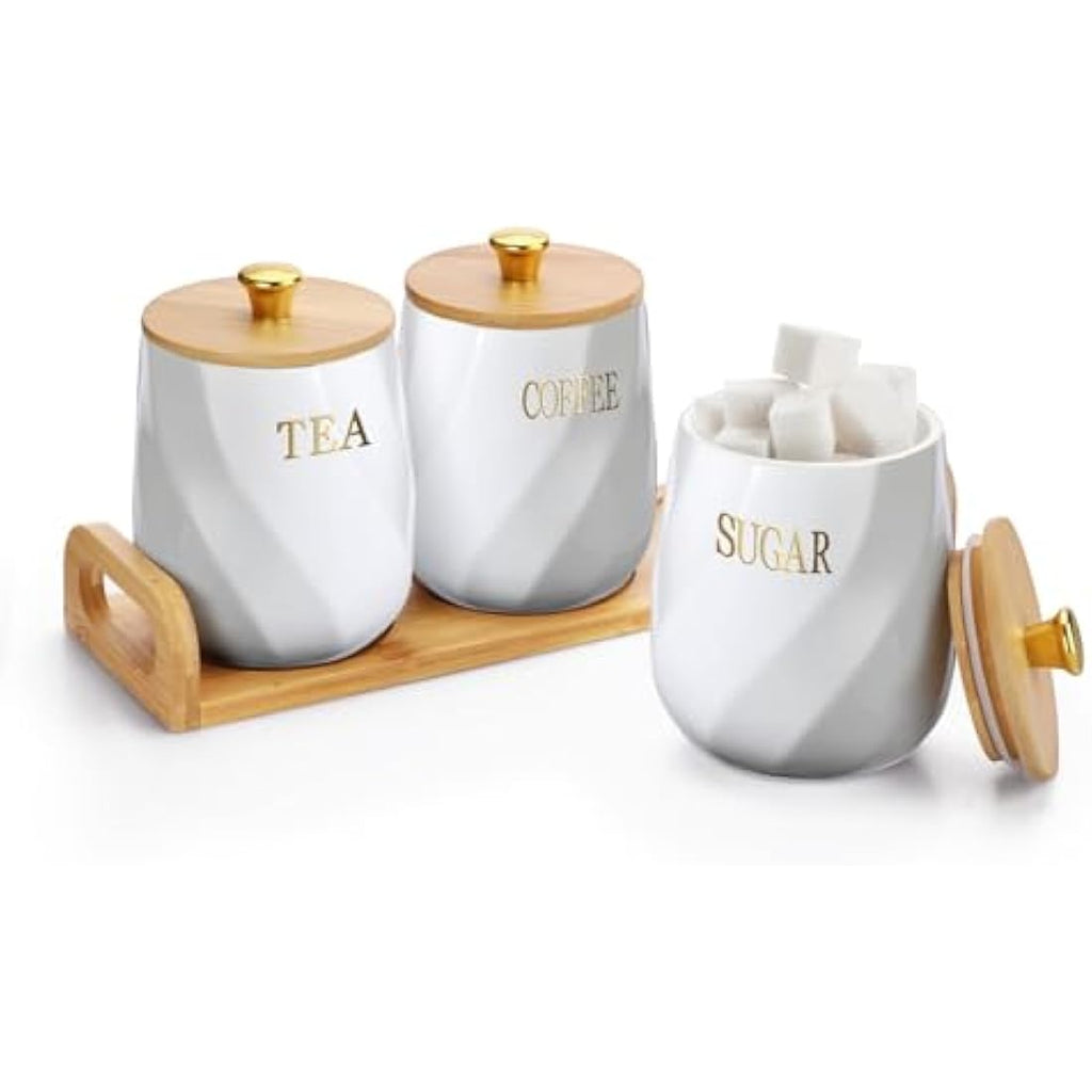 Jolof Store Ceramic Kitchen Canisters - 3pc Airtight Food Jars with Tray
