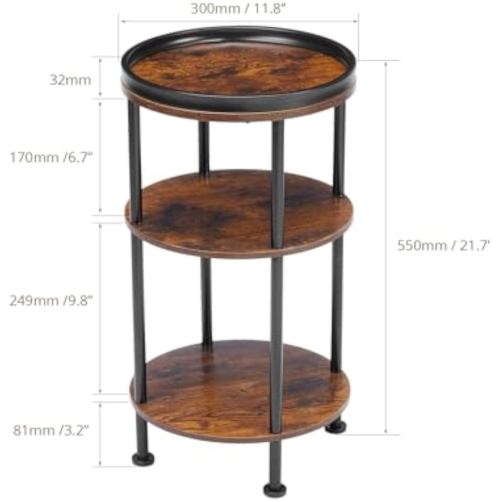 YEAKOO 3-Tier Round Side Table – Rustic Brown Industrial End Table