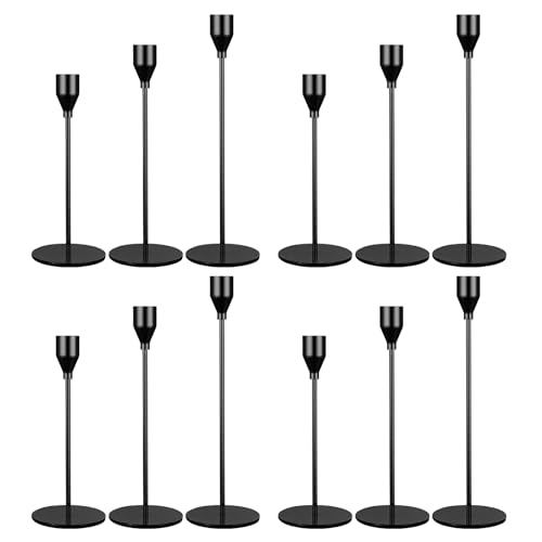 Black Metal Taper Candlestick Holders - Set of 12 for Weddings