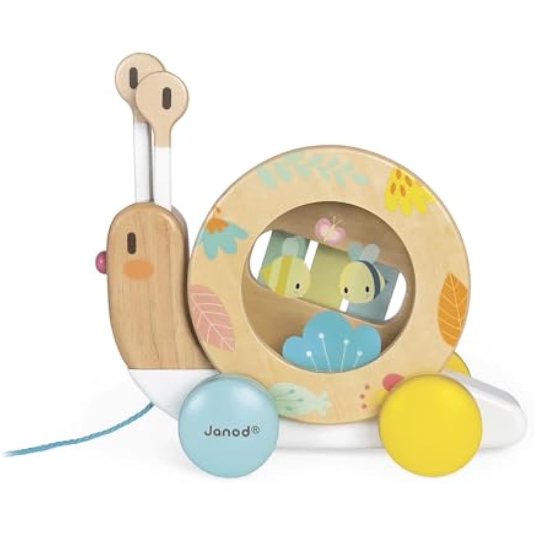 Janod Pure Wooden Pull-Along Snail | Musical Xylophone & Tambourine Toy