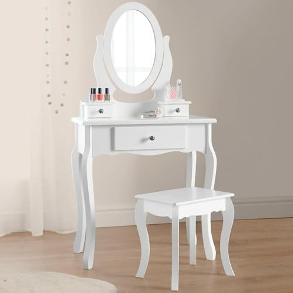 Runesol Girls White Wooden Dressing Table Set with Mirror and Stool