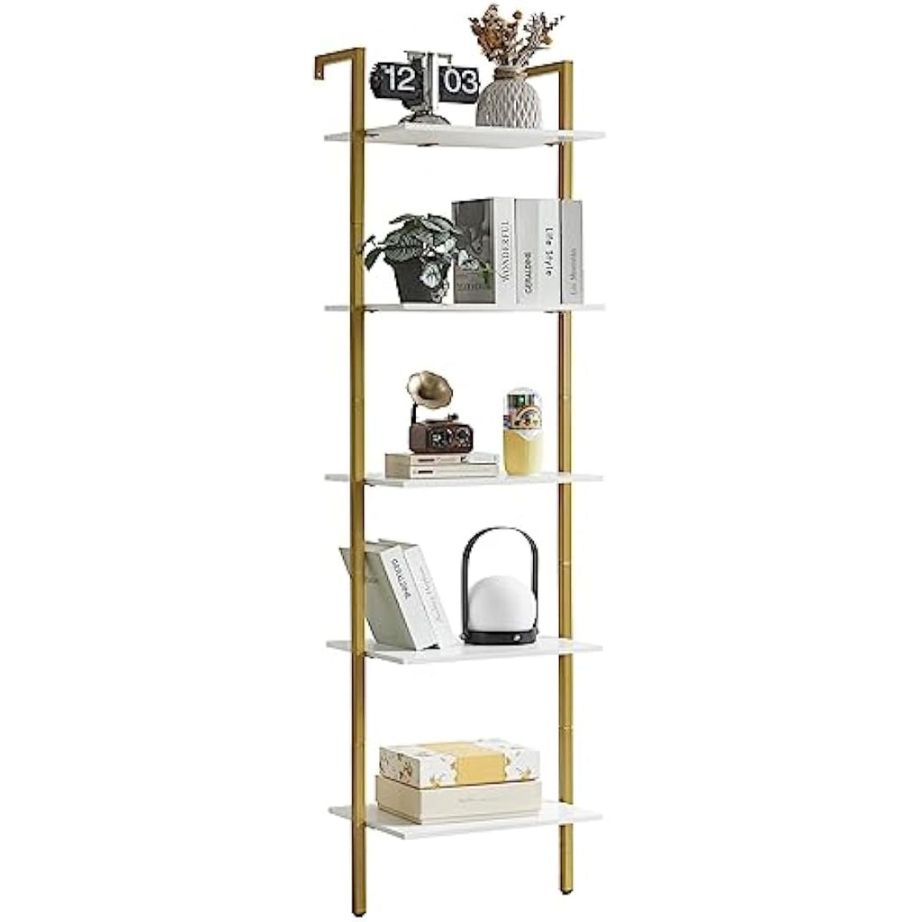 YMYNY 5-Tier Wall Mounted Ladder Shelf – Industrial Metal Bookcase, White