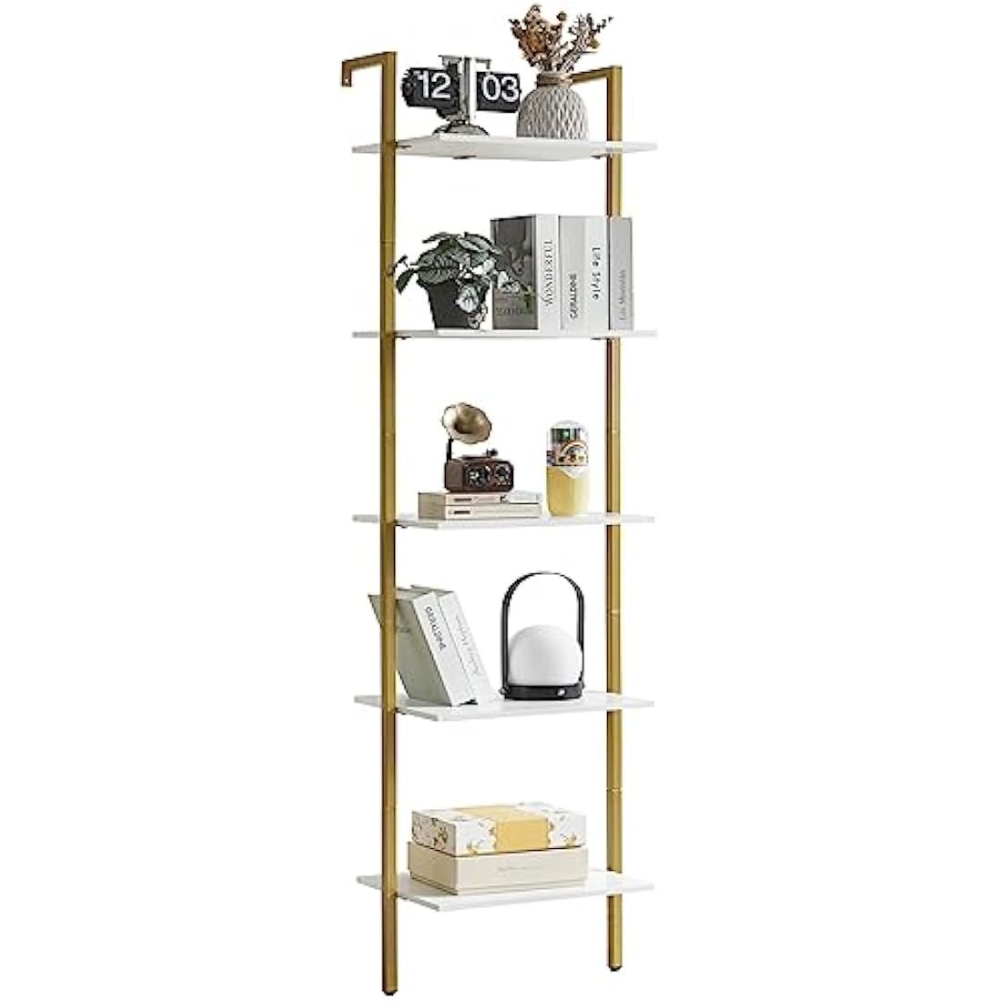 YMYNY 5-Tier Wall Mounted Ladder Shelf – Industrial Metal Bookcase, White