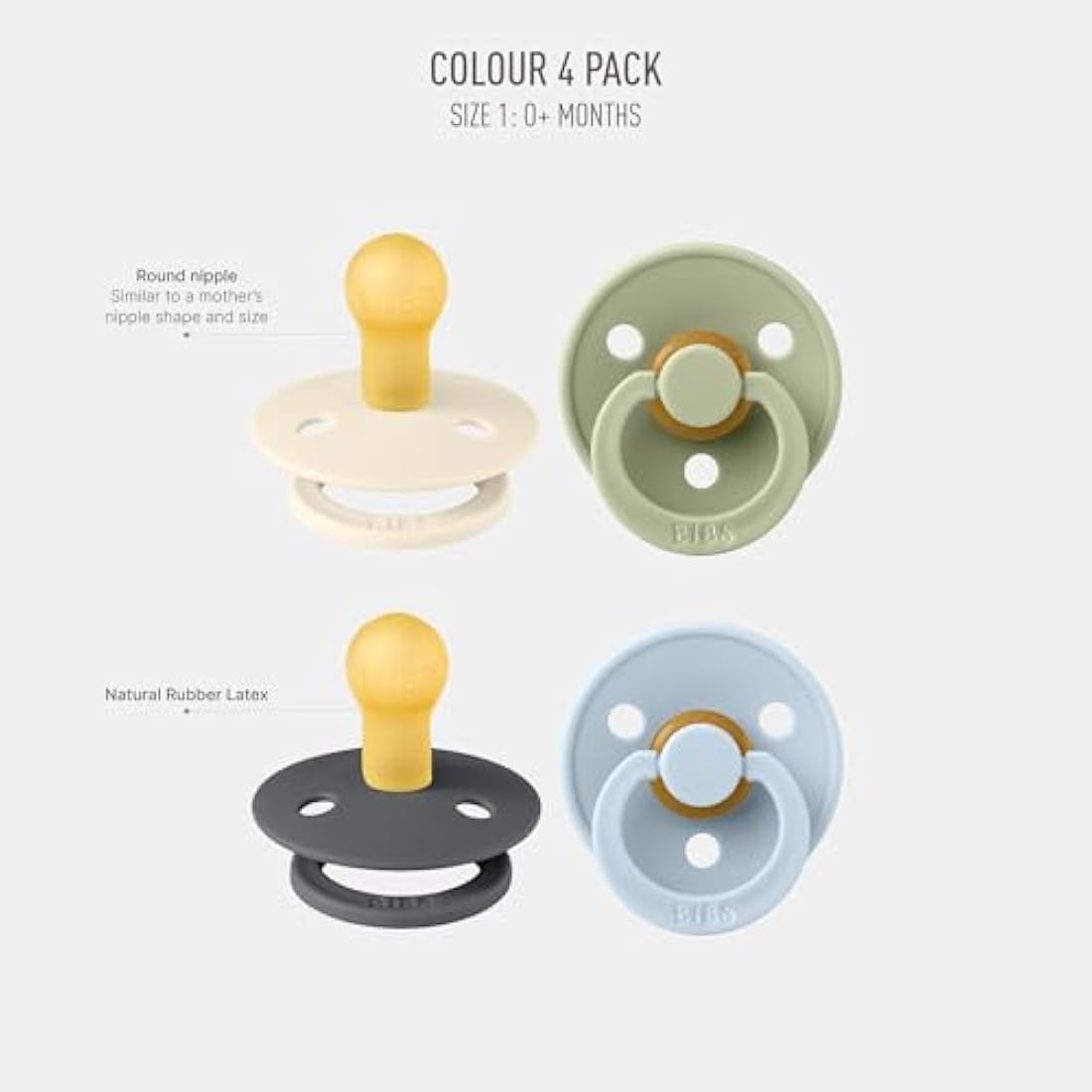 BIBS Colour Pacifiers | Natural Rubber Latex Soothers, 0-6m, 4-Pack