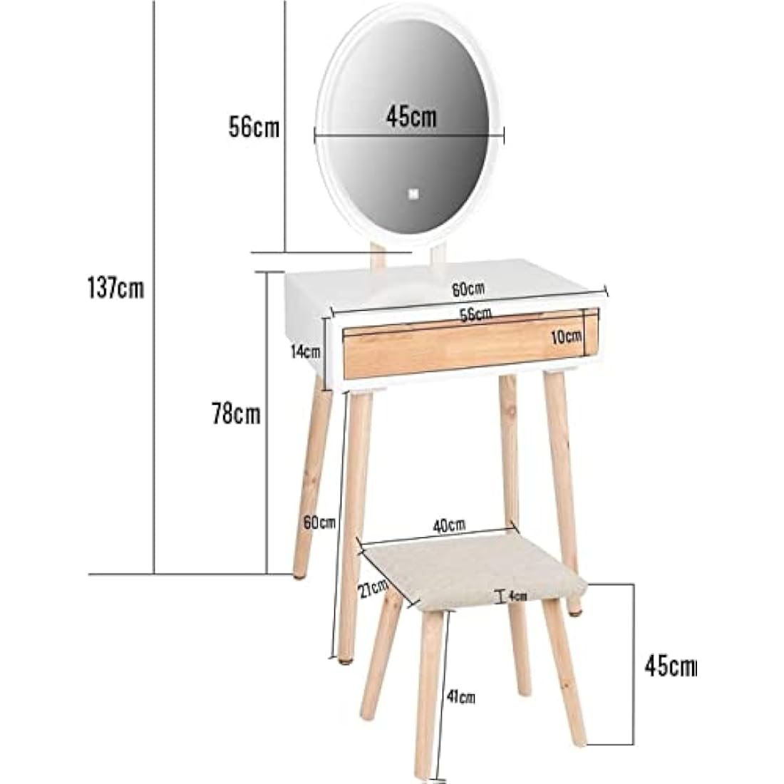 YOURLITE Makeup Vanity Set with LED Mirror, Stool & Drawer - Wood Color