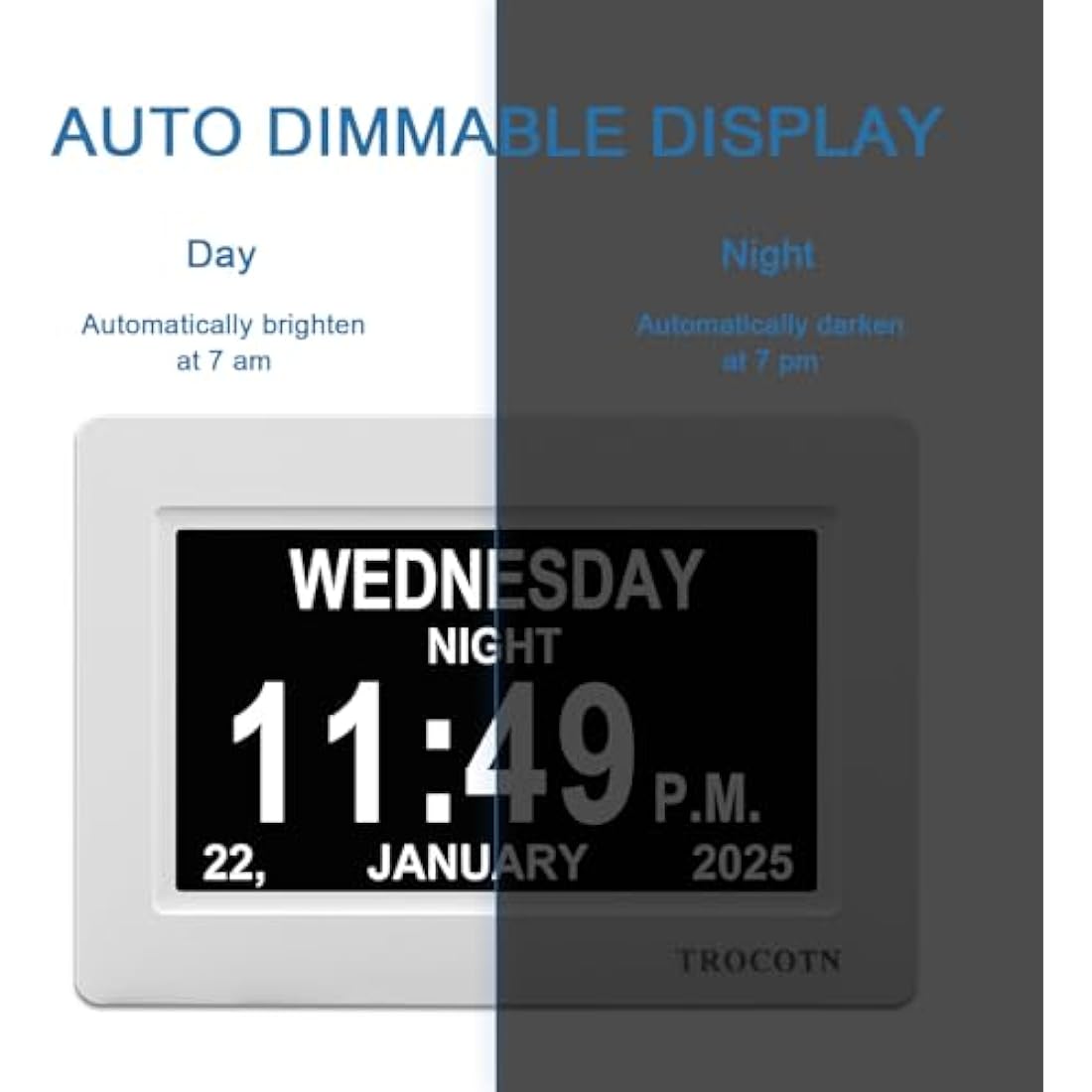 TROCOTN 7-Inch Digital Calendar Day Clock for Elderly – Large Display White