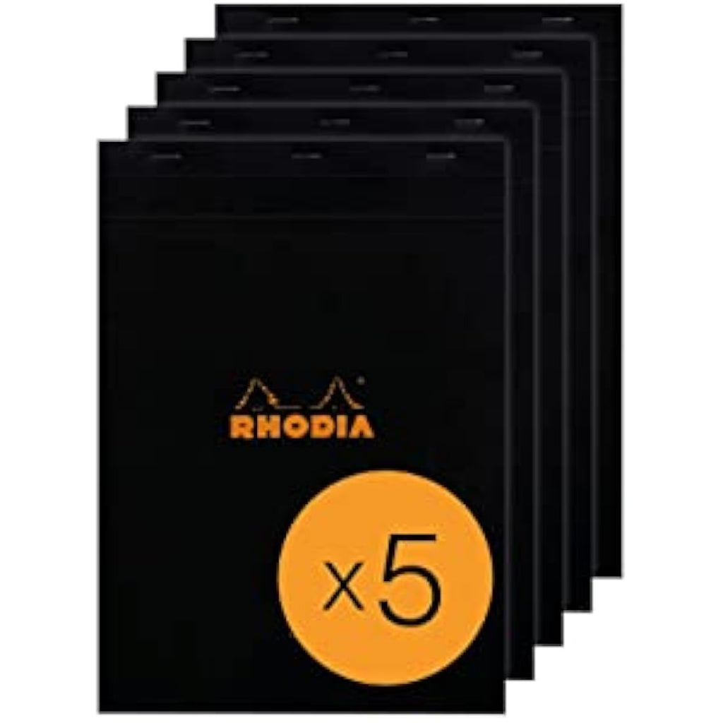 Rhodia N°18 Stapled Notepad – A4 Lined White Paper, Black Cover (5 Pack)