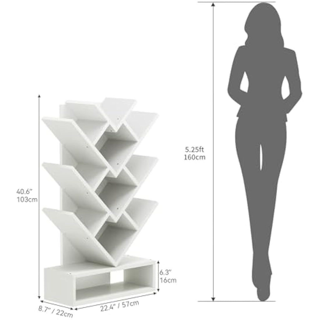 YITAHOME Tree Bookshelf – 8-Tier Geometric Bookcase with Drawer, White