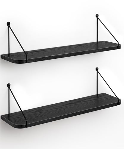 SUMGAR Black Floating Shelves – 60cm Modern Wood Wall Storage, Set of 2