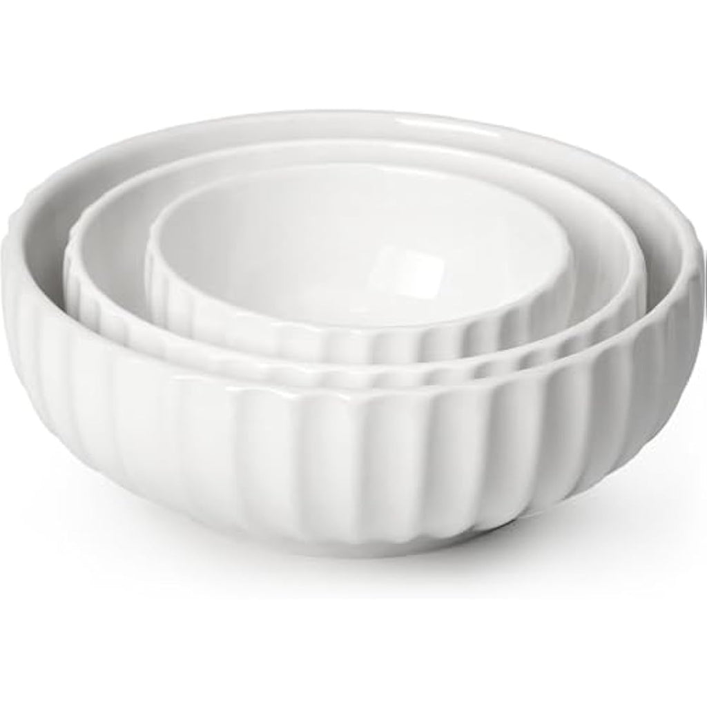 NUTRIUPS Porcelain Nesting Serving Bowls | Set of 3 Ribbed Stackable Bowls