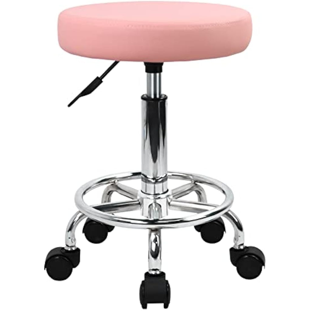 KKTONER Pink PU Leather Rolling Stool – Adjustable Swivel Salon Chair