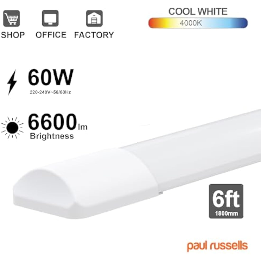 Paul Russells 6ft LED Batten Light | 60W 6600LM 4000K Cool White Tube