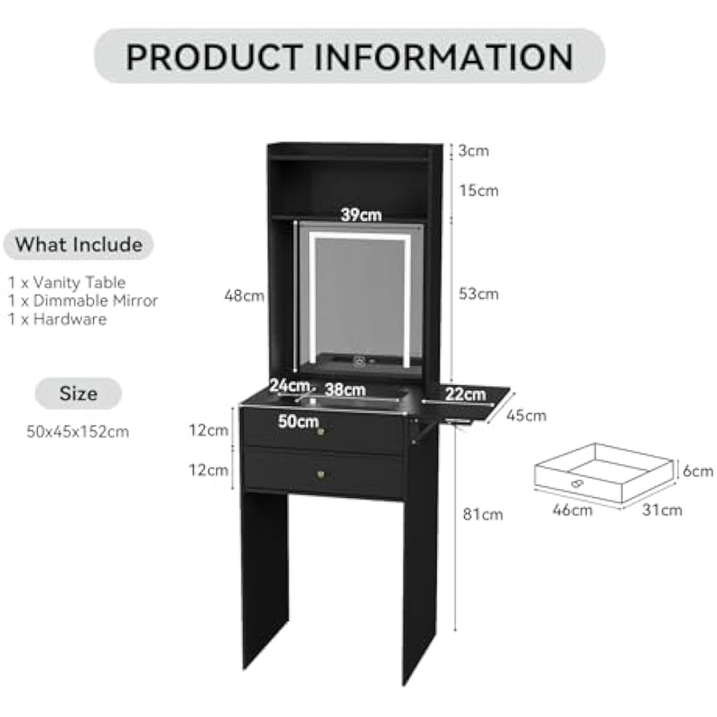 Dressing Table with LED Mirror – Black Glass Makeup Desk