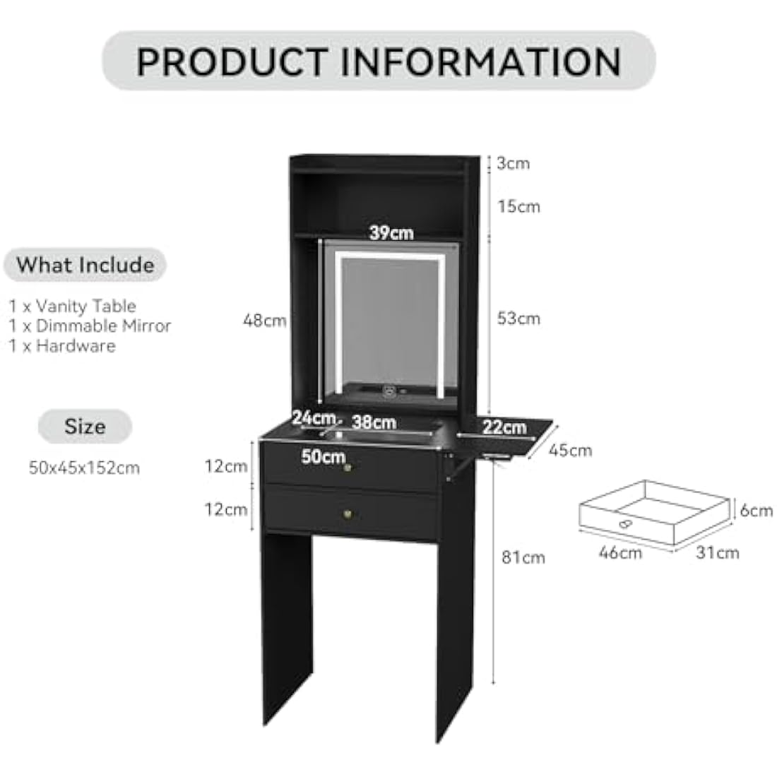 Dressing Table with LED Mirror – Black Glass Makeup Desk
