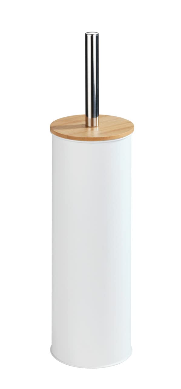 Wenko Tortona Toilet Brush Holder – White Metal with Bamboo Detail