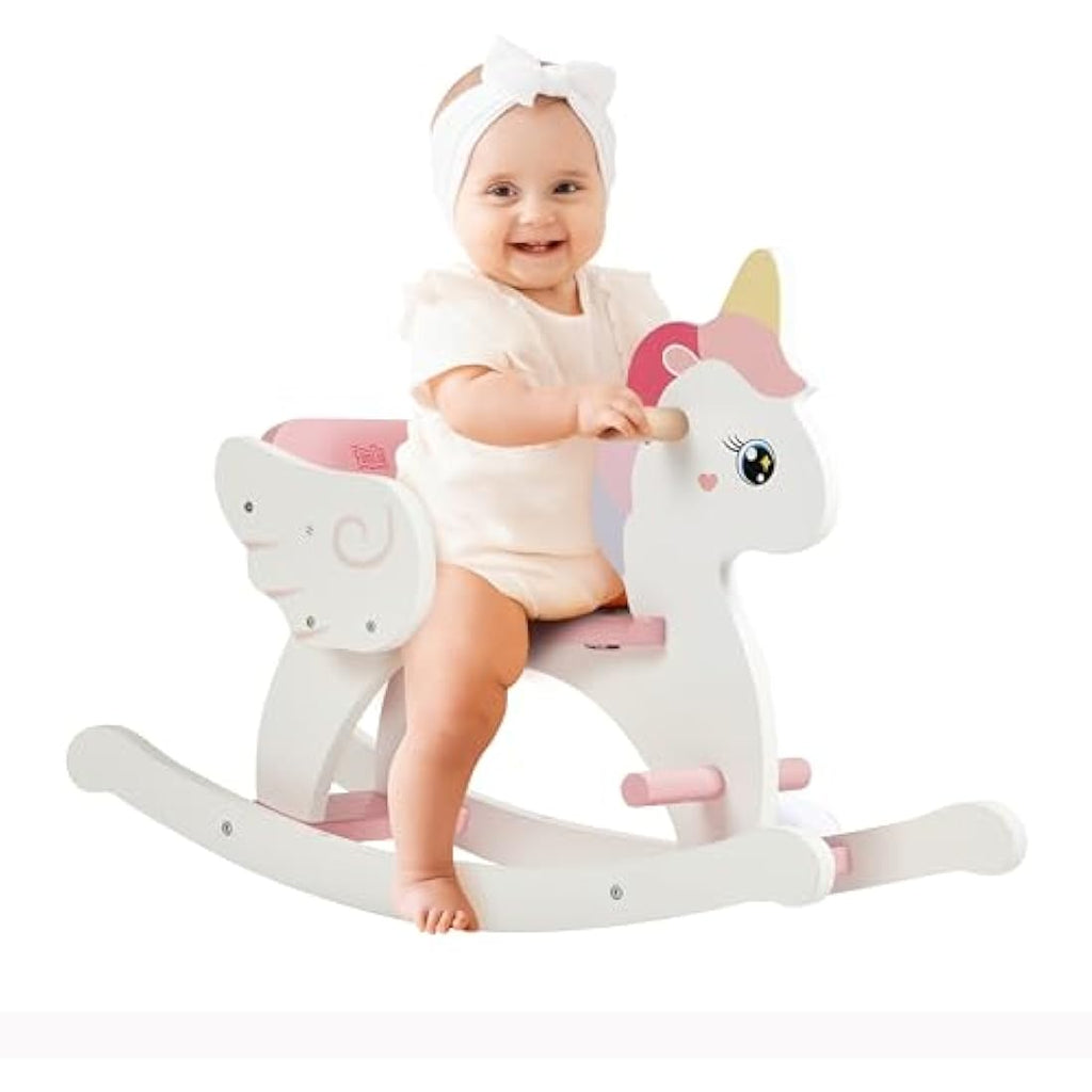 FUNLIO Wooden Unicorn Rocking Horse with Safety Belt for Ages 0.5-3 - Pink