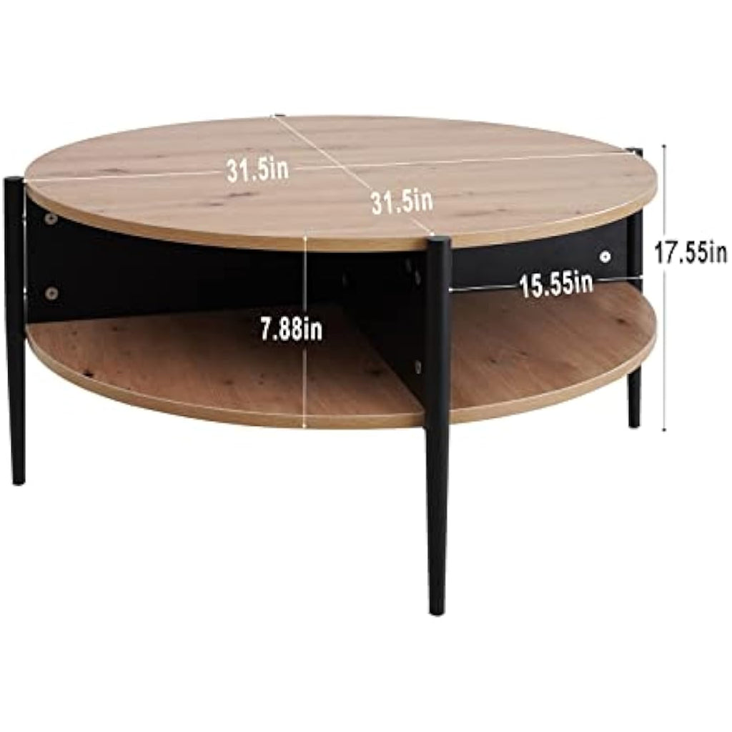 Round Wood Coffee Table – 2-Tier Industrial Sofa Table