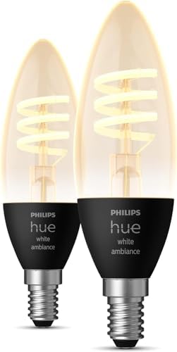 Philips Hue White Ambiance E14 Filament Candle LED Smart Bulb, 2 Pack