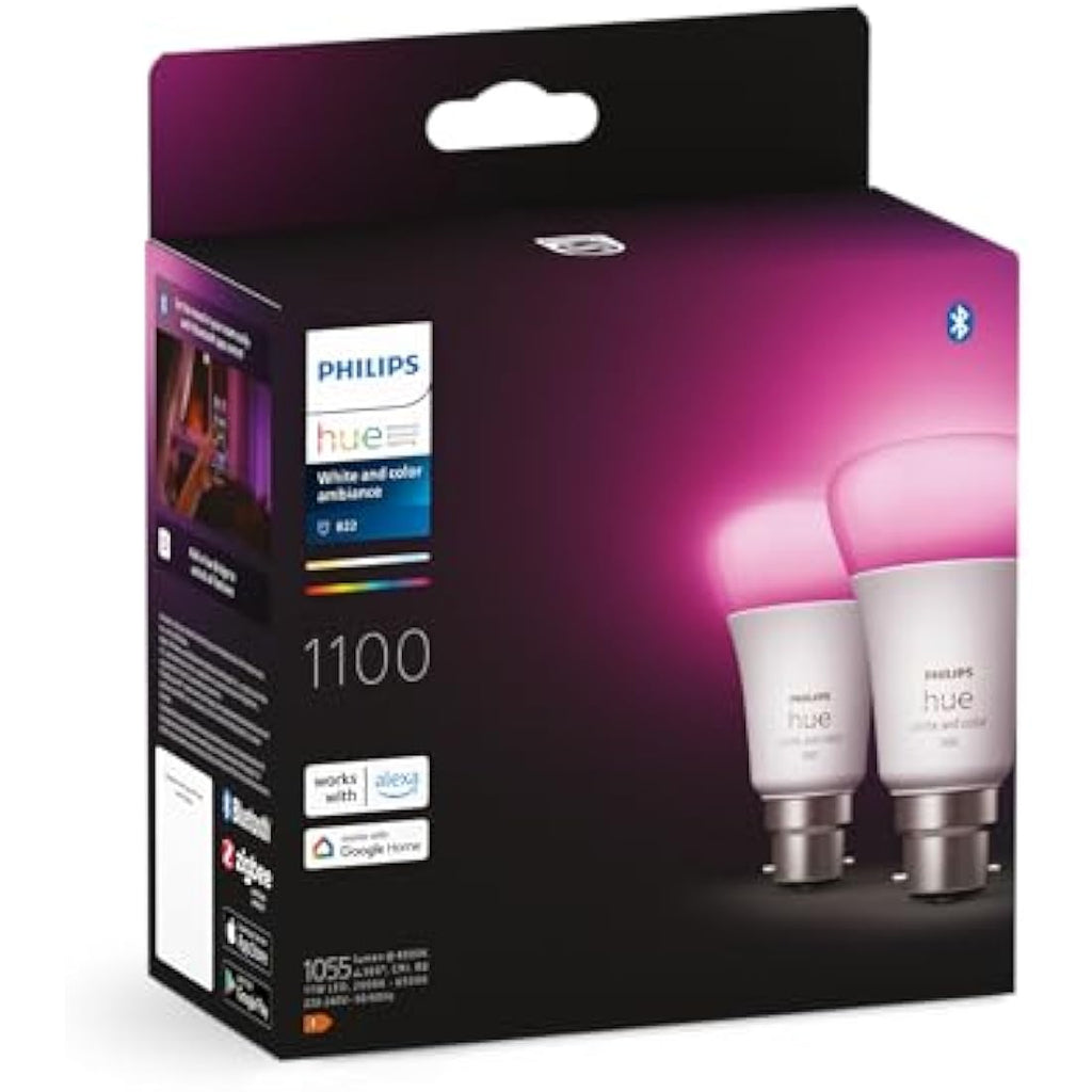 Philips Hue White & Colour Ambiance B22 Smart LED Bulbs – 2 Pack