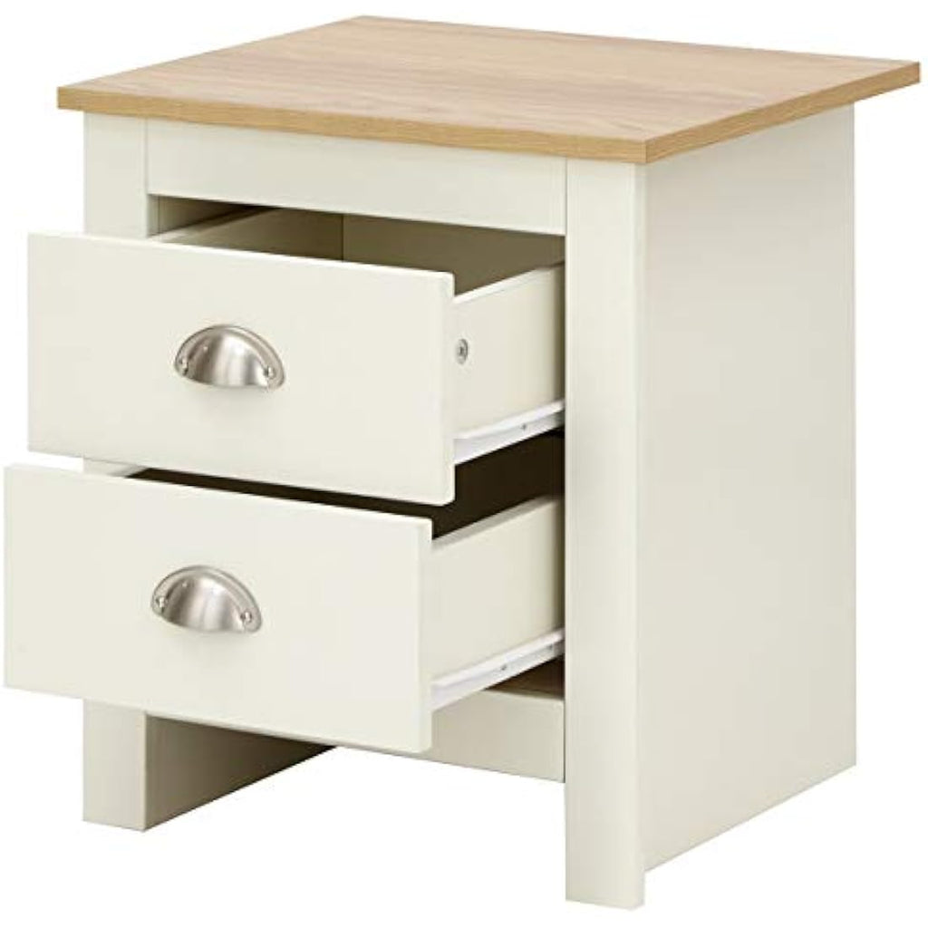 Lancaster Bedside Cabinet – Cream with Oak Top 2-Drawer Storage