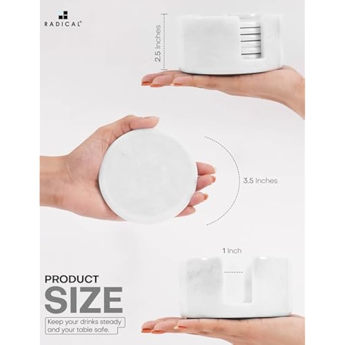 Radicaln White Marble Coasters Set of 6 with Holder – 3.5 Inch Round