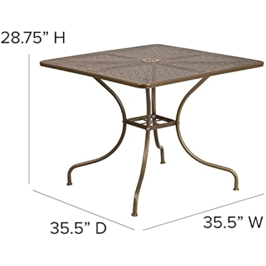 Flash Furniture Oia 35.5" Square Gold Steel Patio Table with Umbrella Hole