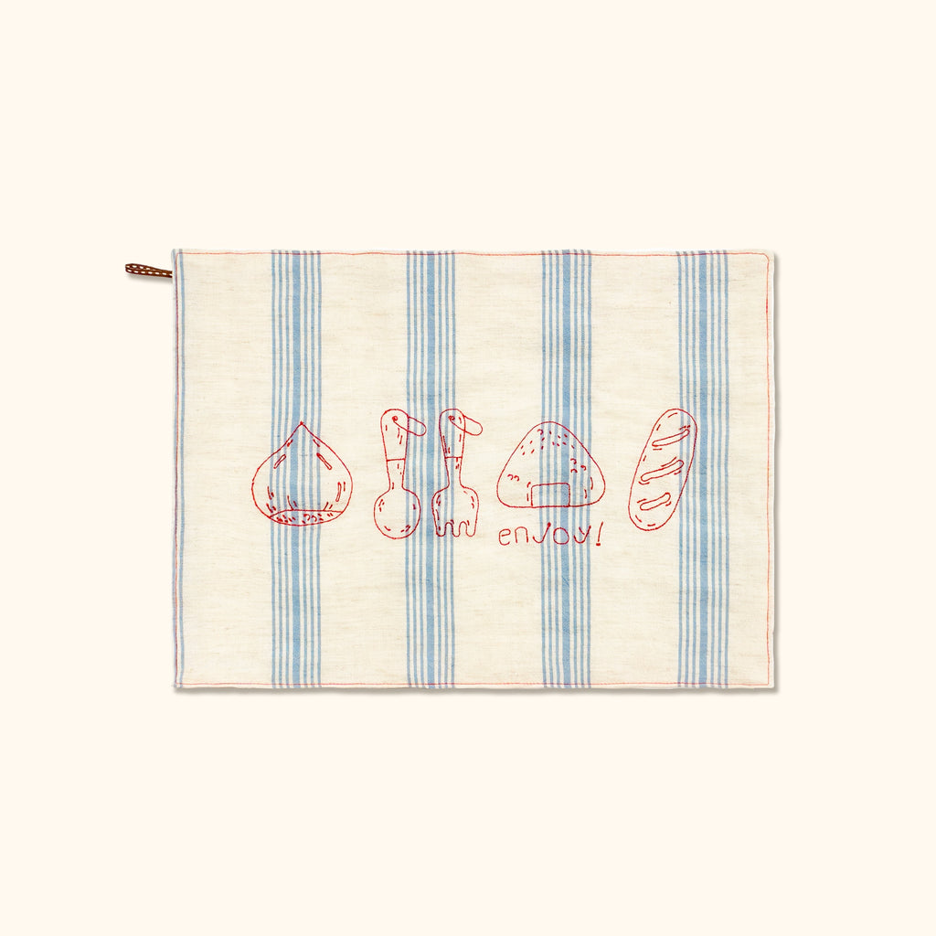 LuLuFun Studio Linen Tea Towel – Embroidered Blue Striped Kitchen Decor