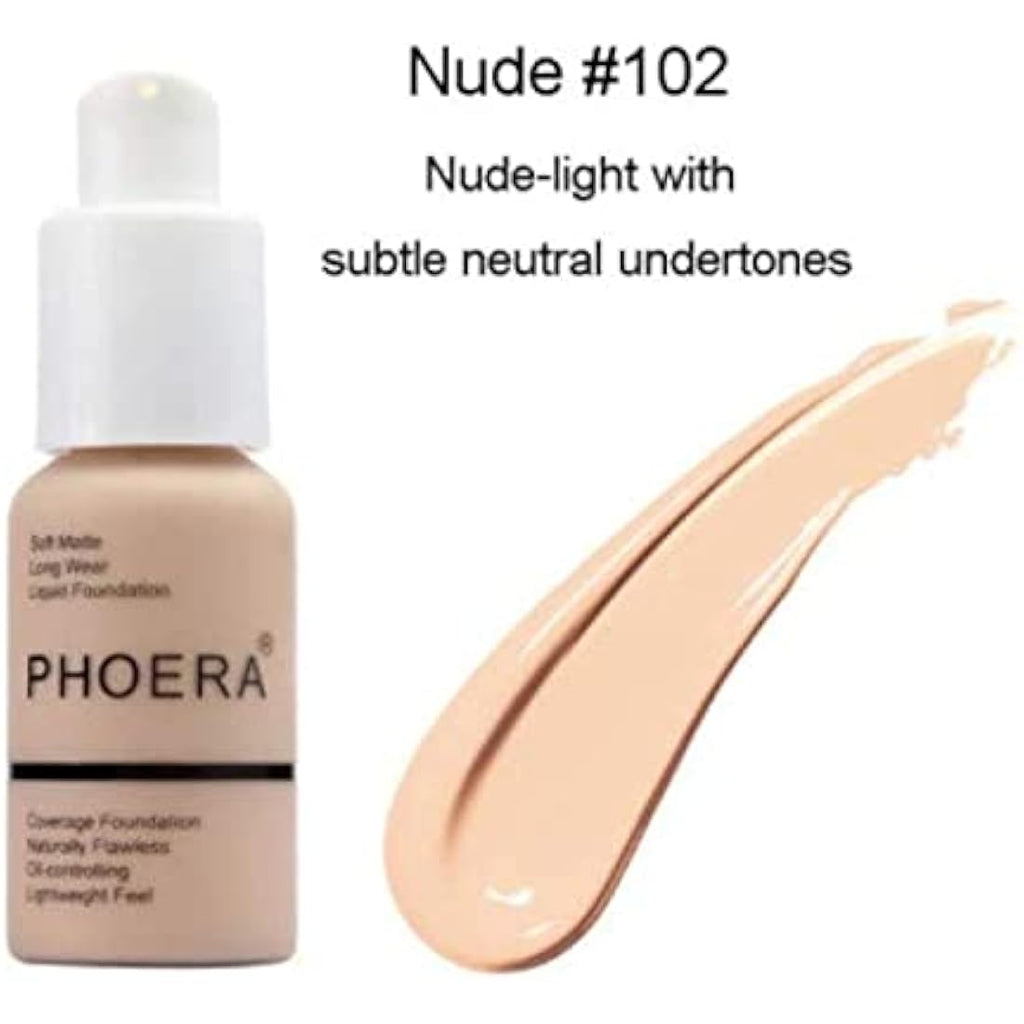 Phoera Full Coverage Liquid Foundation - Matte Oil Control - 102 Nude