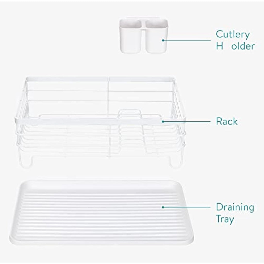 Navaris Dish Drying Rack – Retro Metal Drainer with Drip Tray, White