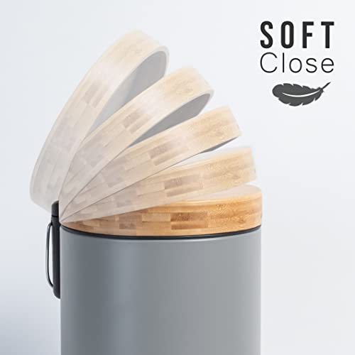 Kazai 3L Bathroom Bin with Bamboo Lid – Soft Close Matte Grey Pedal Bin